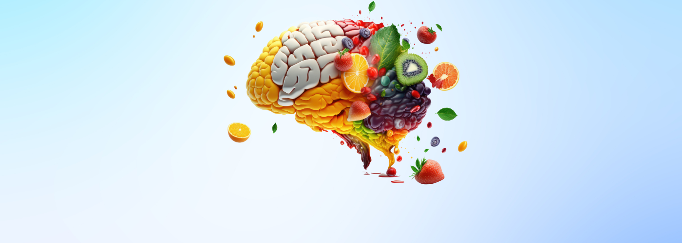 Various Fruits forming a creative brain, Eating healthy food as nutrition to improve memory and thinking. Created Generative ai